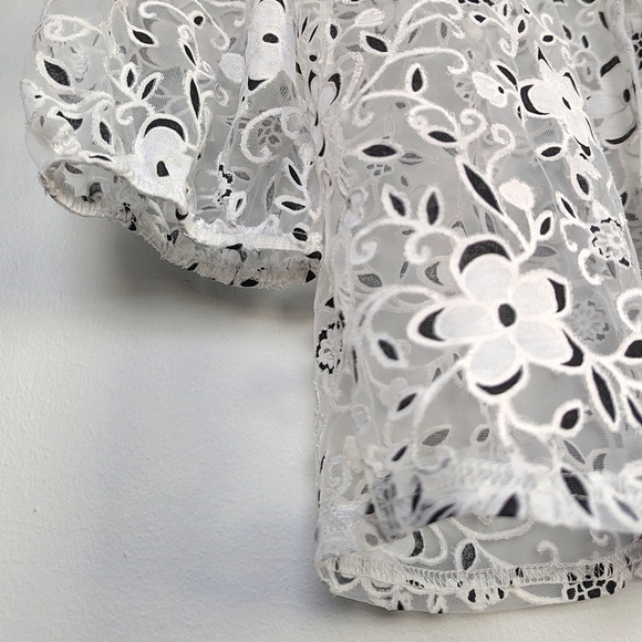 Ember Mesh Lace Pearl Button Up A-line Blouse ¾ Sleeves White Black Floral sz L - Picture 4 of 13
